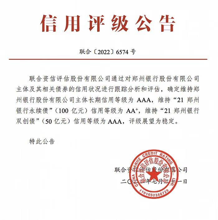 郑州银行主体长期信用等级维持AAA！